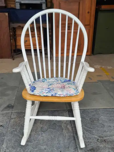 White Spindle Rocking Chair with Floral Cushion, View more