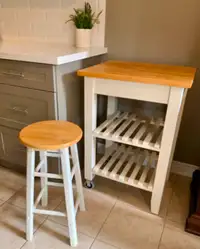Refurbished Rolling Kitchen Cart / Island with Matching Stool