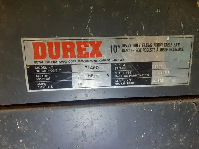 Durex 10TK  Table Saw with  52" Delta Unifence62863259942402122