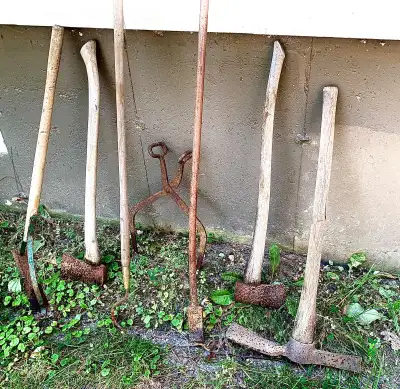 Rustic Wood Carpenters Metal Tool Boxes & HandTools, Outdoor Tools such as Pickaxe Mattock, a Cant H...