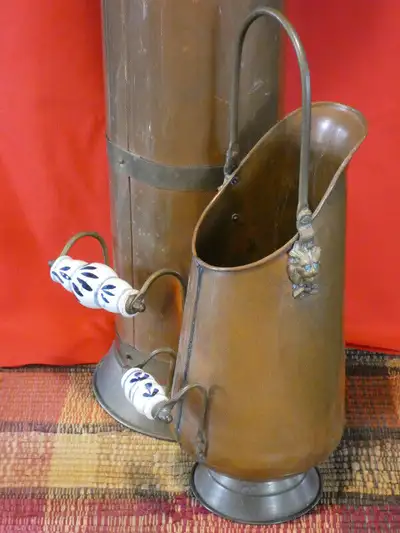 RARECopper water bucket & coal carrier vintage fireplace decor, View more
