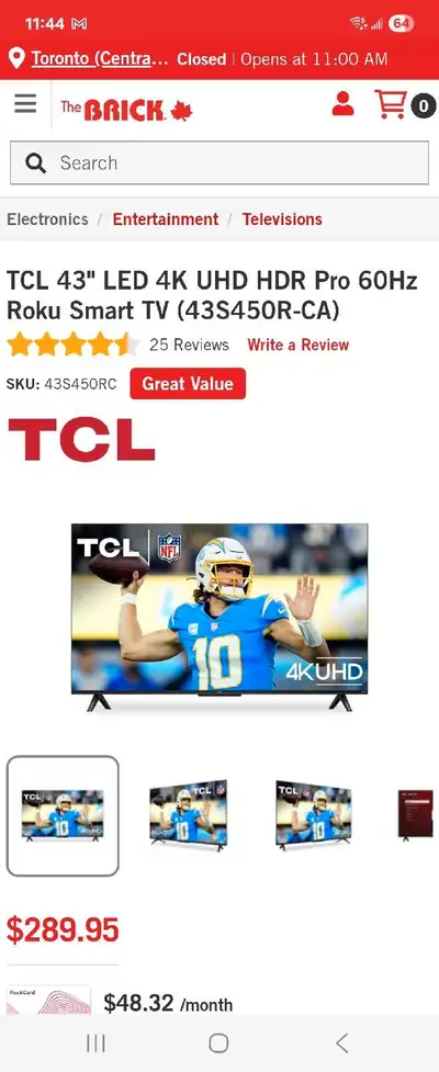 (2023) TCL 43" LED 4K UHD HDR Pro 60Hz Roku Smart TV, View more