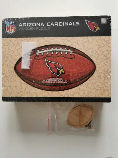 Brand new sealed Arizona Cardinals - Wooden Puzzle (small, 150 pieces), plus a wooden football keych...
