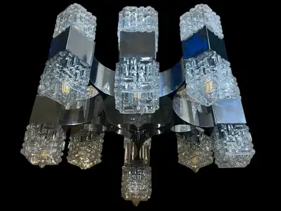 CHANDELIER BY GAETANO SCIOLARI IN GLASS AND CHROME, View more