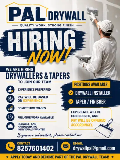 We are hiring Drywall Tapers Experienced or willing to learn — all are welcome! ✅ Requirements / Ins...