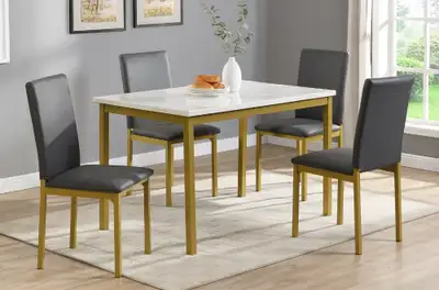 WHITE MARBLE FINISH DINING SET  WITH GOLD LEGS  (5PC), View more