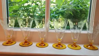 6 Hughes Cornflower Amber Stem Glasses Rare Antique, View more