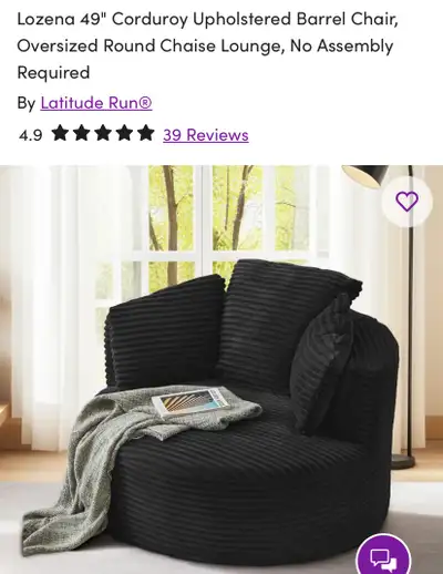 Black corduroy round lounge chair, View more
