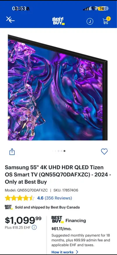 Samsung 55" 4K UHD HDR QLED TizenOS Smart TV (QN55Q70DAFXZC) - 2, View more
