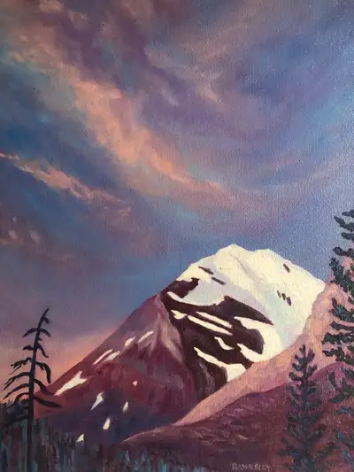 “Peaks at Sunrise”, original oil painting on canvas, 16x20. Framed with a 2.5 inch wide pinky wood f...