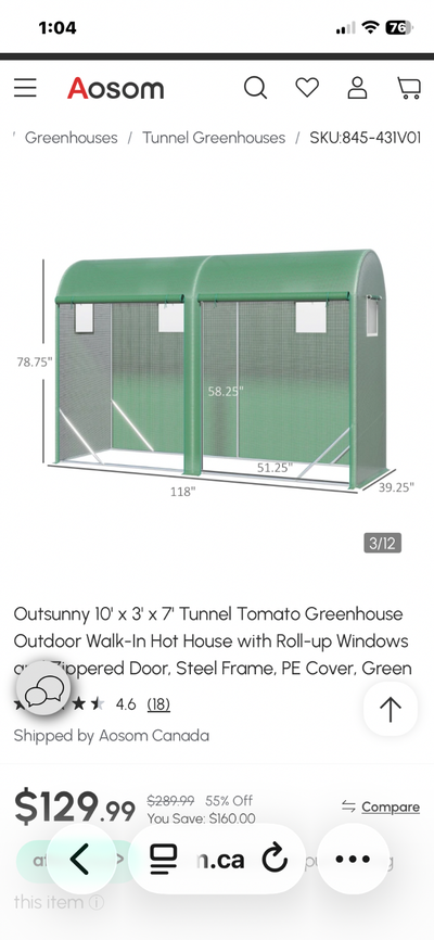 I have for sale an Outsunny 10’x3’x7’ walk-in Greenhouse. Has steel structure, 4 zipper roll-up wind...