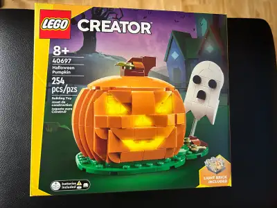 Lego Creator Halloween Pumpkin set, number 40697, which includes 254 pieces to build a festive pumpk...