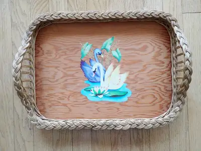 Wooden Serving Tray   wicker edgesides, View more