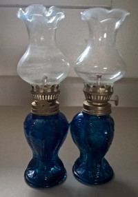 Vintage Pair of Cobalt Blue Glass Fish Shaped Base Oil Lamps