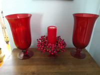 CHRISTMAS CANDLE HOLDERS RED GLASS PEDESTALS