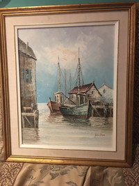 For sale real vintage oil painting of fishing boats in dock