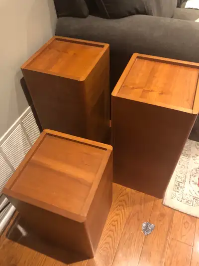 3 teak pedestal side tables. Use separately or group together as either pedestals or side tables. Ex...