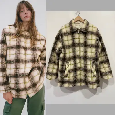WILFRED FREE Lyon Plaid Jacket. Zipper front with pockets. Extra long (intended to fit below waist),...