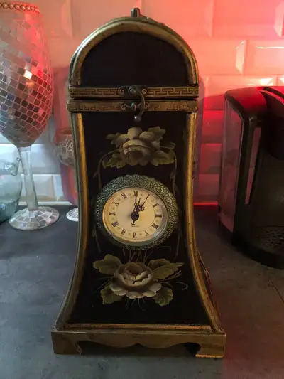 Clock mantel wooden -with floral art  (like New), View more