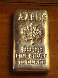 Collectible Canadian 10 oz Aarus 9999 Fine Poured Silver Bar
