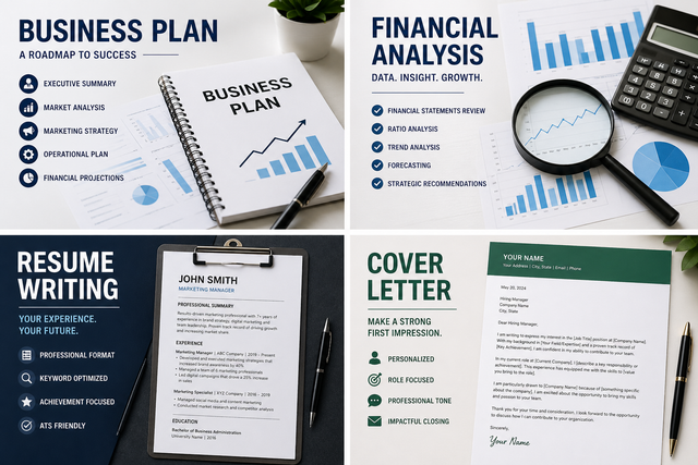 BUSINESS PLAN, FINANCIAL ANALYSIS, RESUME WRITING, COVER LETTER