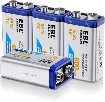 New 9V Rechargeable Lithium Batteries (EBL) 600mAh 6F22 (4-pack)