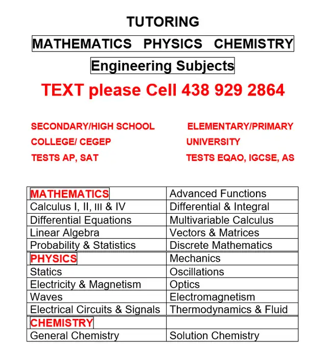 Tutoring Math Physics Chemistry online 24$/h TEXT CEL 438929286462863725725697122