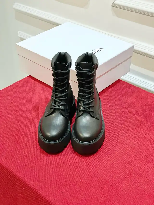 New Celine Black Leather Lace Up Platform Motorcycle Ankle Boots63235093195523122