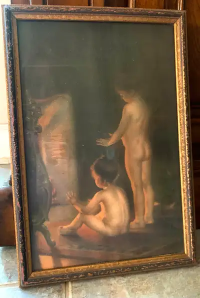 Antique original trim wooden framed print by Paul Peel 1890 "After the Bath" The piece comes nestled...