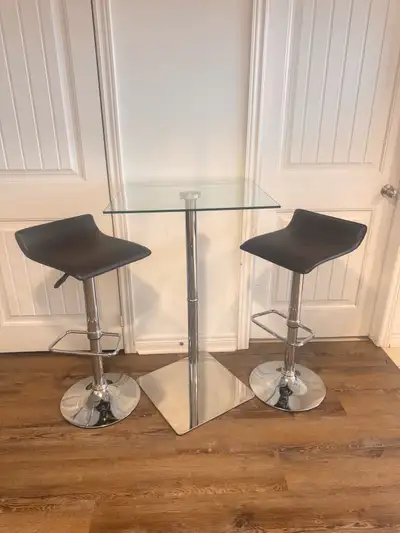 Modern Glass Bar Table + 2 Adjustable Stools – used like new, View more