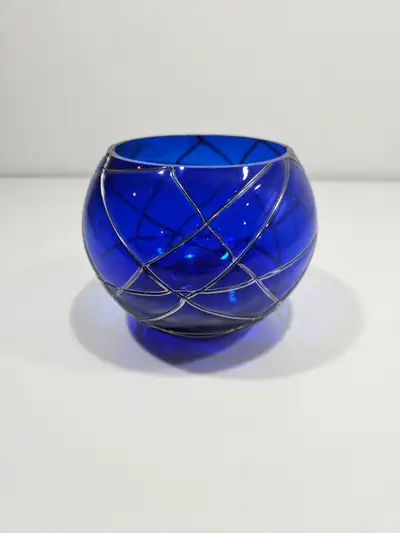 Small Blue Glass Vase with wire decoration, View more