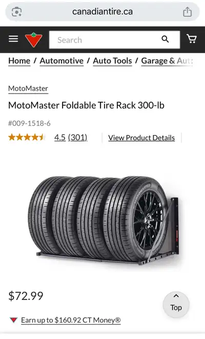 New, still in box, MotoMaster Foldable Tire Rack, designed to hold up to 300 lbs. Adjustable mountin...