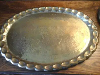 Vintage  Brass Etched Oval Tray/ Wall Hanging, View more