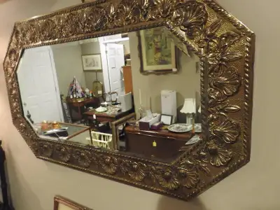 Antique wall mirror hammered brass (Repousee) octagonal, View more