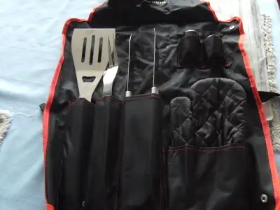 Brand new set . Flipper, fork, tongs, mitt, salt and pepper shaker. $10.00