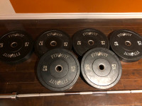 1/45lbs Olympic bar 4/45lbs bumper plates 2/25 lbs bumper plates