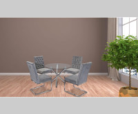 K-LIVING Tufted Velvet Chair 41” Round Glass Table Stainless 5pc