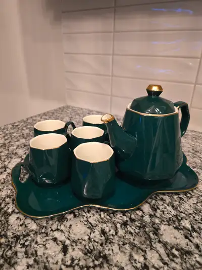 Emerald Green Tea Set with Gold Trim (Teapot + 6 Cups + Tray), View more