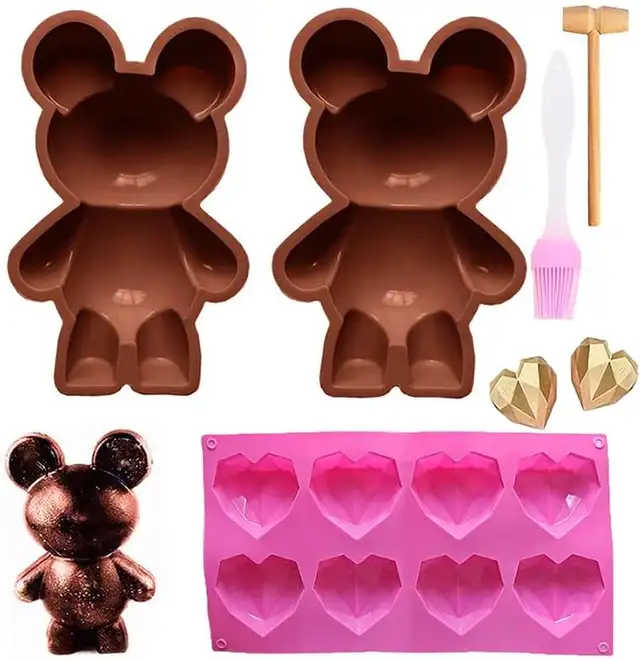 2 Pcs Bear Silicone Molds with Hammer & Brush, 8 Cavity Diamond