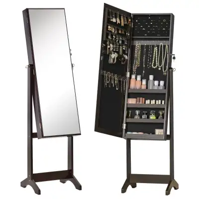 Mirror Jewelry Cabinet Armoire, Lockable Jewelry Organizer with Full-Length Mirror, 3 Angle Adjustab...