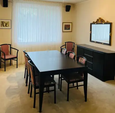 Modern black dining set with table, 8 chairs & sideboard. , View more