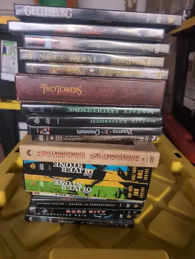 I am selling a collection of DVD movies, all in used condition. Titles include Gettysburg, Jacob's L...