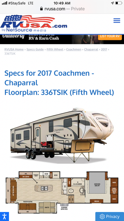 Beautiful, well kept 5th wheel trailer, always kept inside. Self leveling Sleep 4 Entertainment unit...