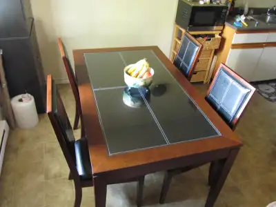 Wood dining room table with glass insert and 6 chairs size / dimensions: 59"L x 35 1/2"W x 29 1/2"H