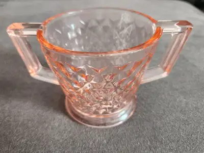 1930s pink depression glass flat quilted diamond sugar bowl, View more