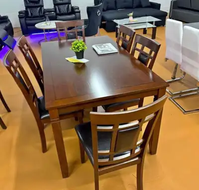 Rectangular Walnut Dining Table with Cushioned Chairs, View more