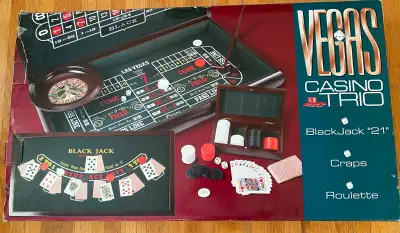 The "Vegas Casino Trio" is a home gaming set that replicates the experience of a Vegas casino, featu...