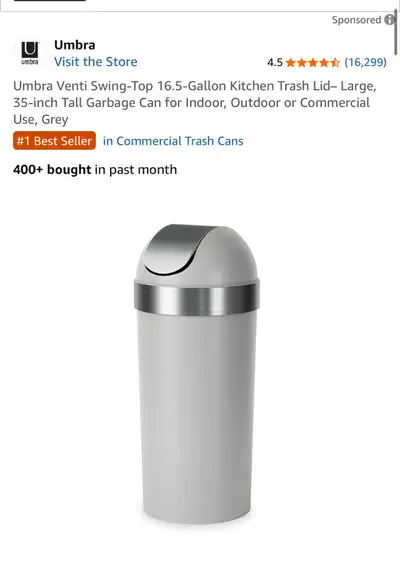 Umbra Venti Swing-Top 16.5-Gallon Kitchen Trash Lid– Large, 35-inch Tall Garbage Can for Indoor, Out...