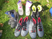 cross country ski boots, poles, skis