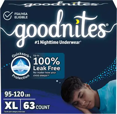 Goodnites Boys' Nighttime Bedwetting Underwear, Size Extra Large (XL). Fits 95-120 lbs. Brand new in...